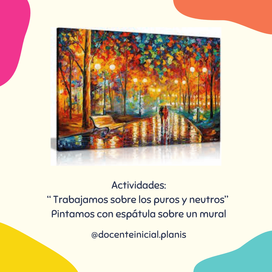 Cuadro de parque con banco, faroles y hojas de otoño Vista de una pintura apoyada en fondo claro: un parque con banco, faroles encendidos, árboles de colores intensos y una figura con paraguas al fondo.