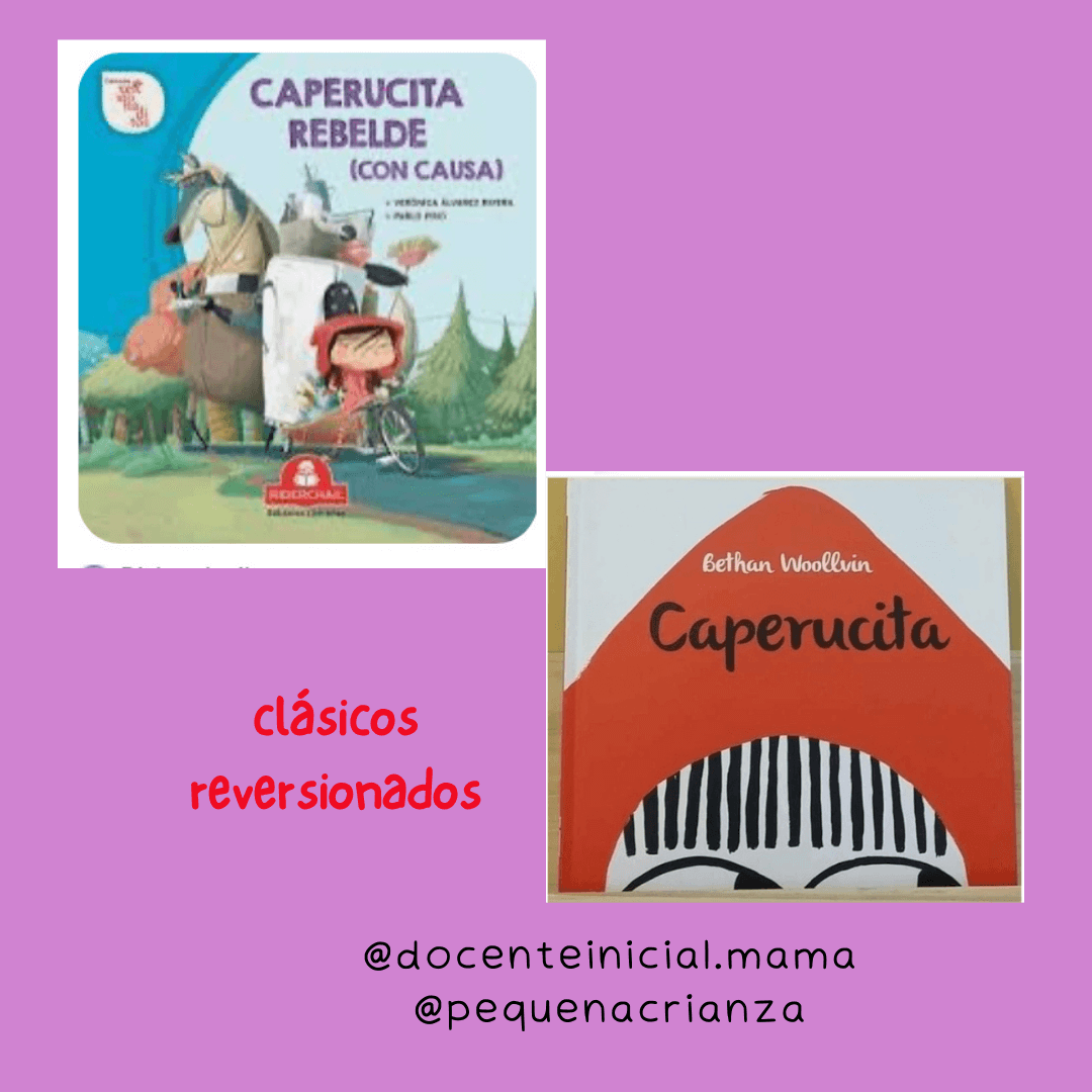 Placa sobre reversiones de cuentos con dos portadas: Caperucita rebelde (con causa) y Caperucita, de Bethan Woollvin, sobre fondo violeta.