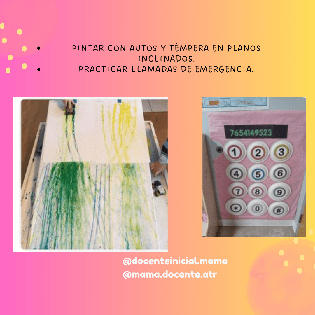 Pintura con autos en plano inclinado y teléfono de juguete Montaje con un plano inclinado lleno de trazos de pintura hechos con autos y, a la derecha, un panel de números que simula un teléfono para practicar llamadas.