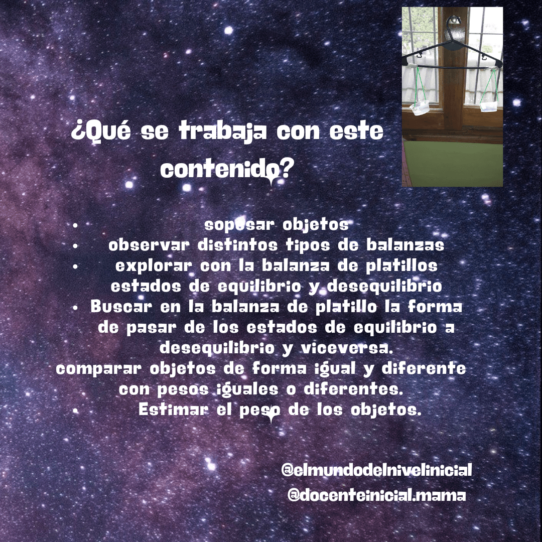 Objetivo de la secuencia sobre peso y balanza Placa con fondo estrellado que presenta preguntas y contenidos de la secuencia sobre peso. Incluye una foto pequeña de una balanza de platillo colgada junto a una ventana.