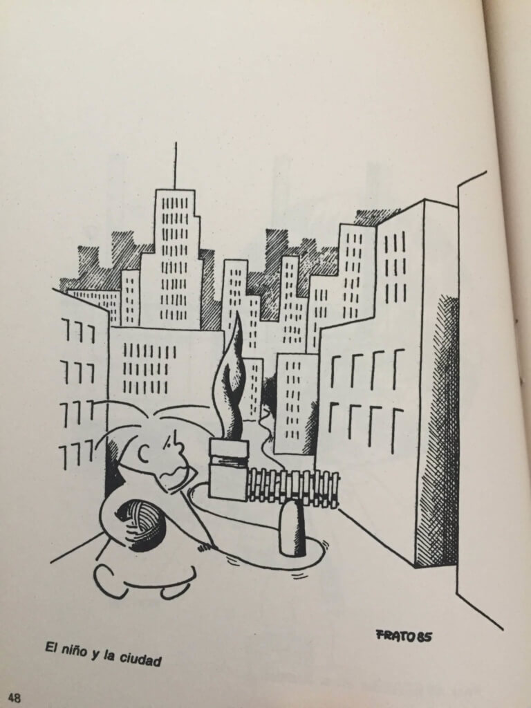 Frato: el niño y la ciudad Dibujo en blanco y negro de una figura infantil en una calle urbana, rodeada de edificios altos y una pequeña estructura en el centro; abajo aparece el texto 'El niño y la ciudad'.