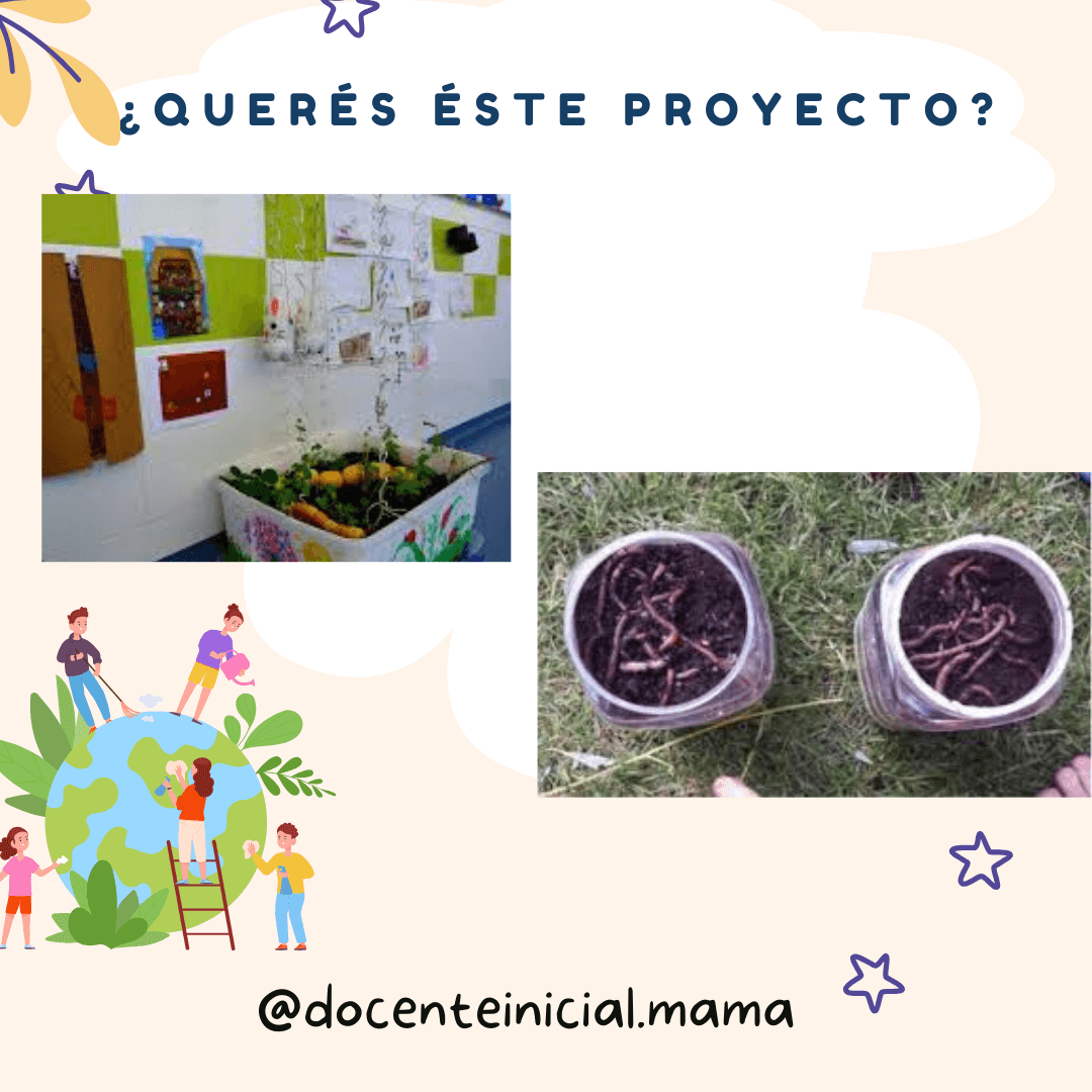 Una caja de cultivo con plantas aparece junto a dos recipientes transparentes con lombrices sobre el pasto, en una composición con iconos de cuidado del planeta.