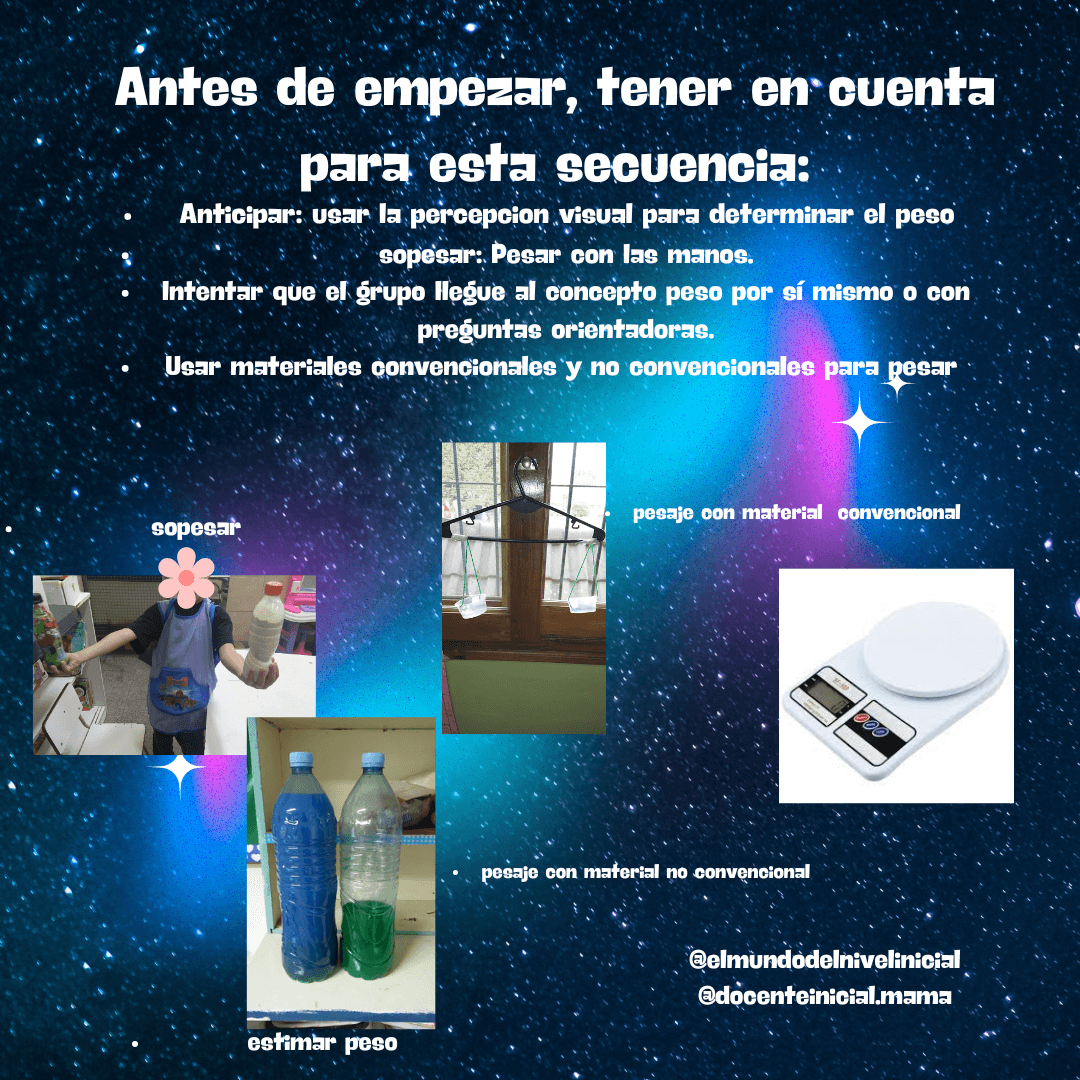 Aspectos a tener en cuenta antes de empezar la secuencia Placa con fondo de galaxia y varias viñetas sobre anticipar, pesar con las manos y usar materiales convencionales y no convencionales. Abajo aparecen fotos de una niña sosteniendo objetos, una balanza casera y una balanza digital.