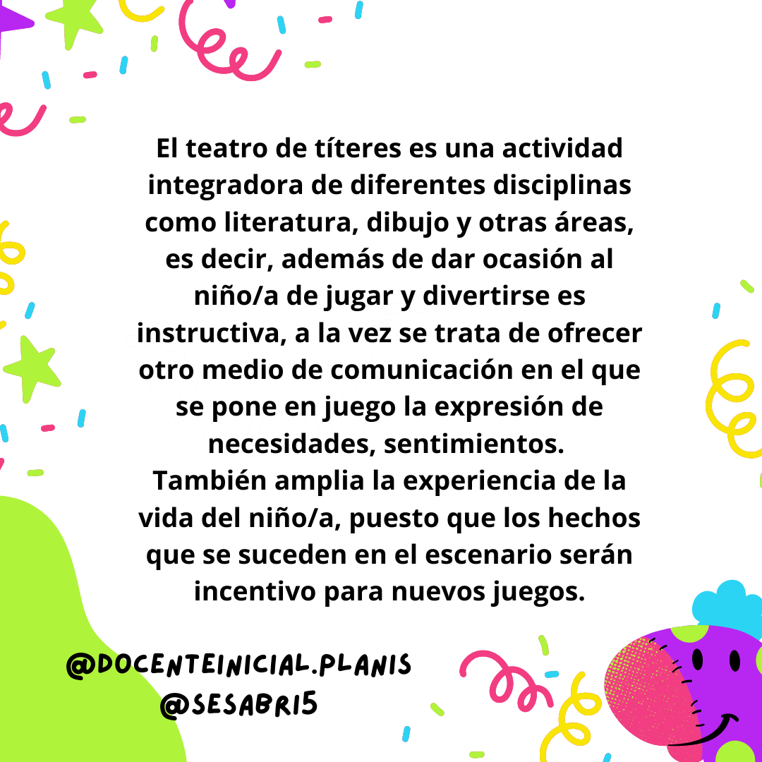 Placa introductoria sobre el teatro de títeres Placa con texto centrado que explica el teatro de títeres como actividad integradora; fondo blanco con adornos coloridos y una carita de títere en una esquina.