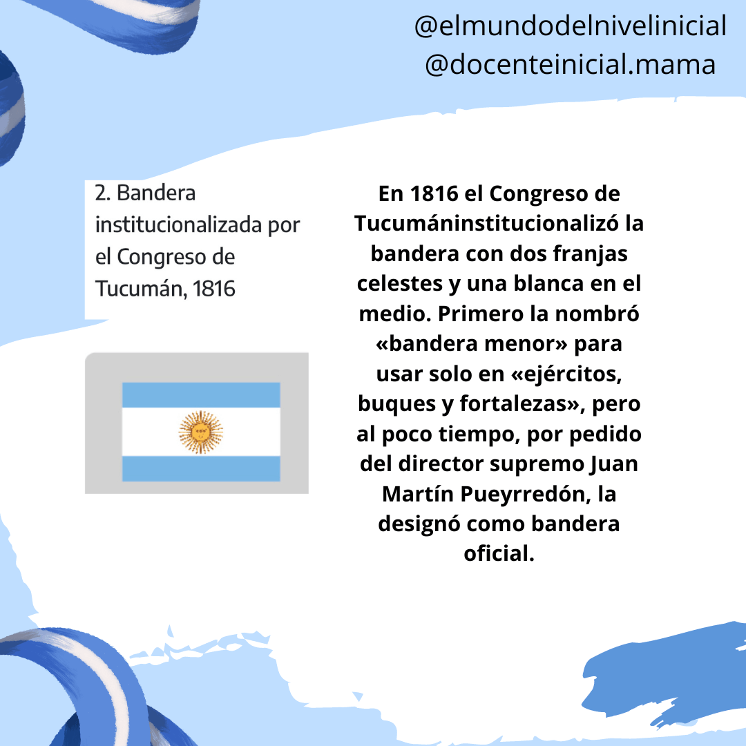 Lámina histórica sobre la bandera argentina en 1816 Placa celeste con un dibujo de la bandera argentina y un texto original que presenta su institucionalización en 1816.