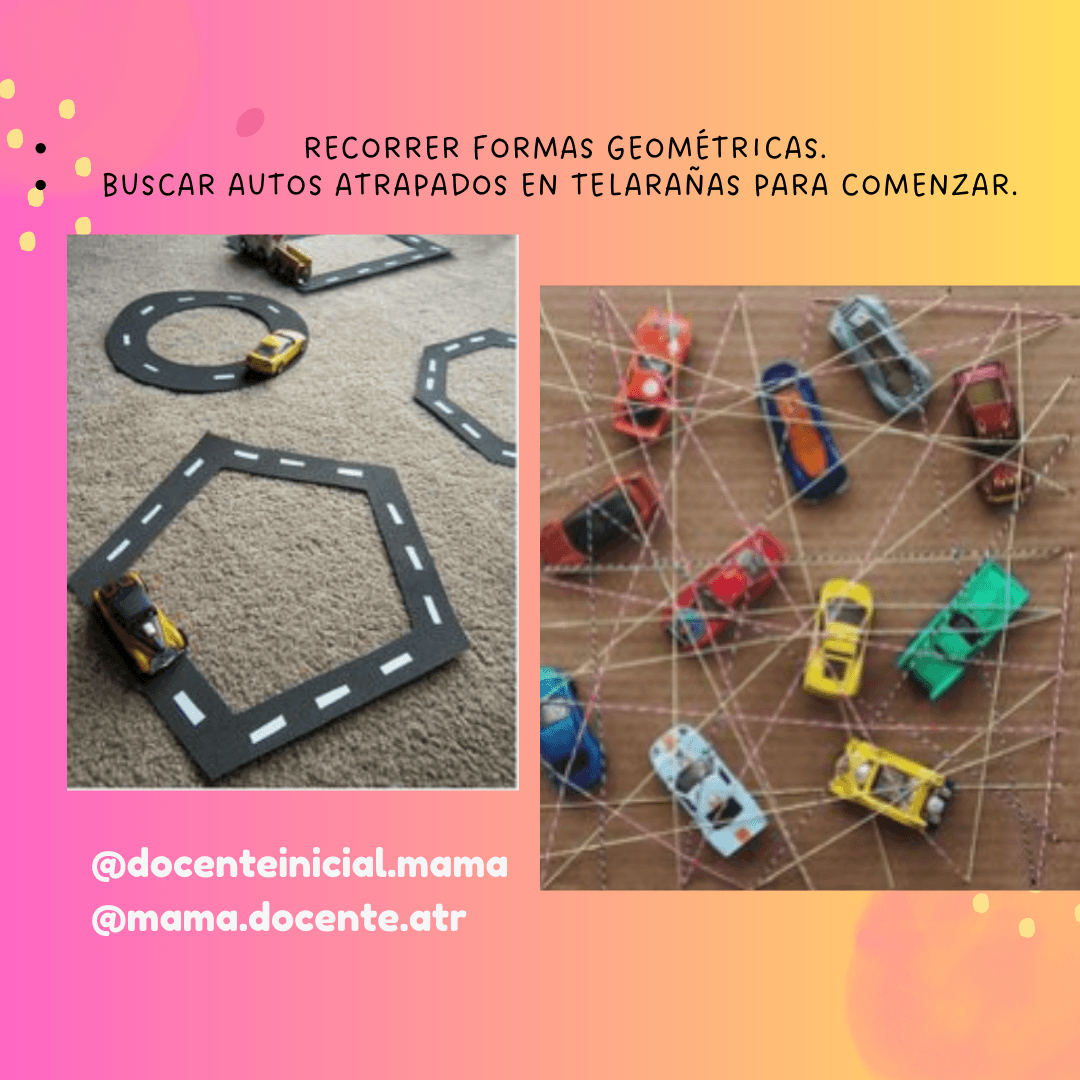 Autos de juguete recorriendo figuras geométricas y telarañas Dos escenas de juego con autos: una sobre caminos de figuras geométricas en el piso y otra entre hilos cruzados que forman una telaraña.