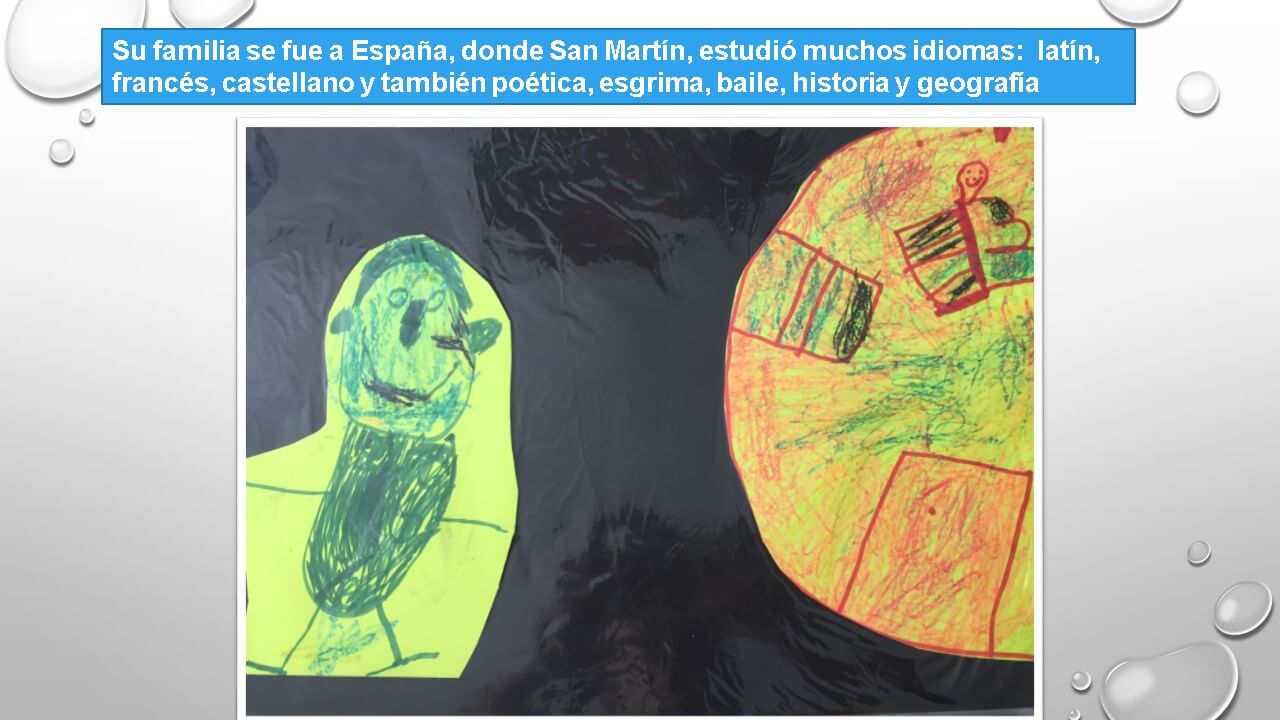 Dibujo infantil con figuras de colores sobre fondo negro y un fragmento del relato sobre la etapa de San Martín en España.