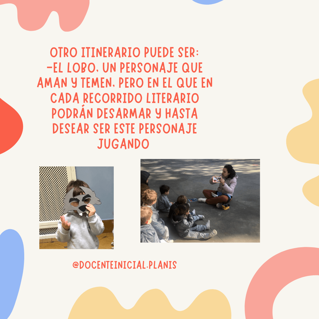 Un itinerario literario sobre el lobo Placa de un itinerario sobre el lobo con la fotografía de un niño con máscara y otra de una lectura en grupo al aire libre.