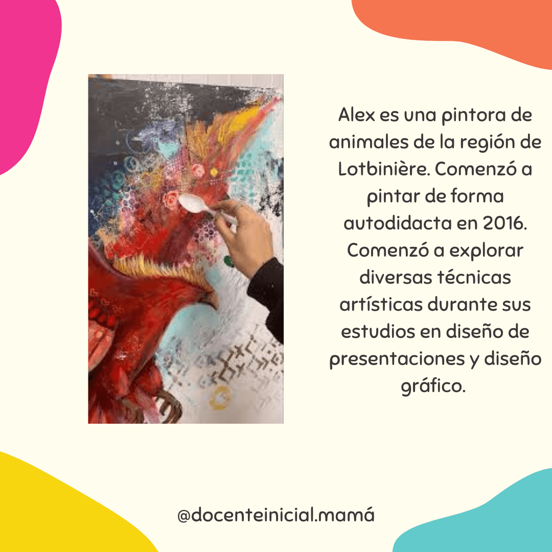 Una mano trabaja con un utensilio blanco sobre una pintura de tonos rojos y naranjas, con formas que recuerdan a un ave sobre un fondo salpicado.