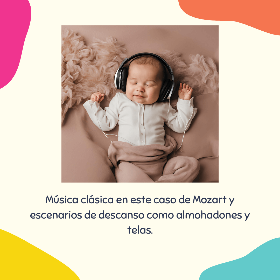 Bebé con auriculares descansando sobre almohadones Un bebé dormido lleva grandes auriculares negros mientras reposa sobre almohadones y telas suaves en tonos beige y rosados.