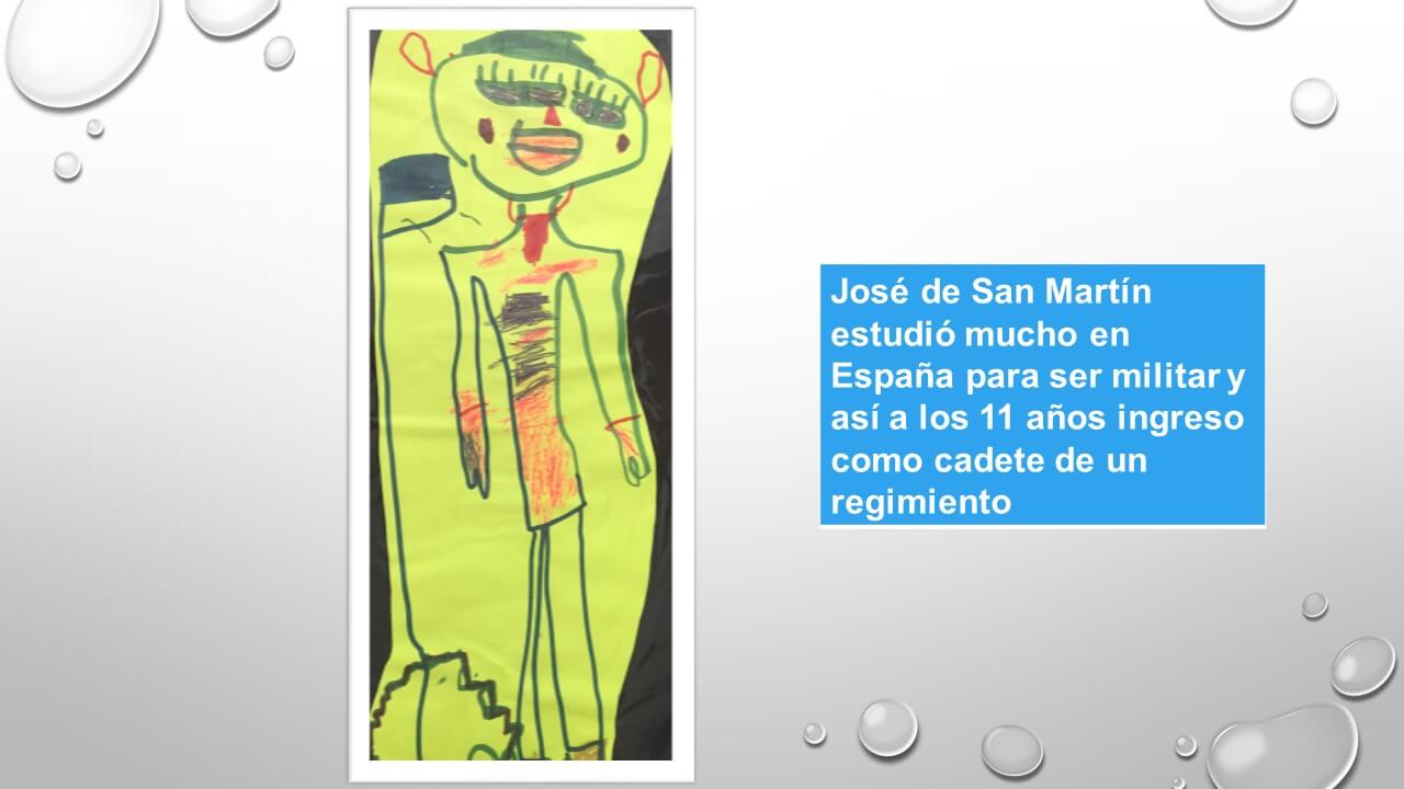 Figura de cuerpo entero dibujada por niños de sala de 5, con un texto del relato sobre San Martín como cadete.
