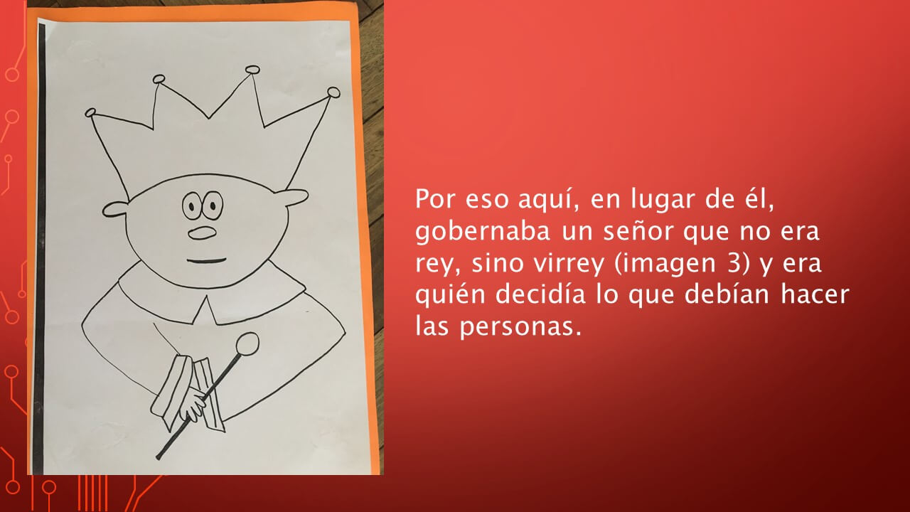 Dibujo en blanco y negro de una persona con corona y bastón, mostrado de frente sobre una hoja colocada en un fondo rojo con texto.