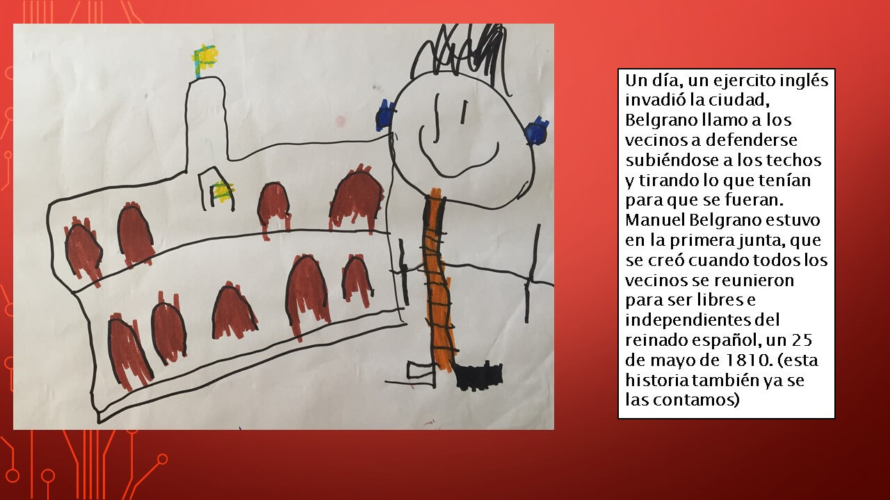 Dibujo infantil con un edificio de varios pisos, torres y ventanas rojas, junto a una figura grande sonriente; a la derecha hay un recuadro con texto sobre una invasión y una junta.