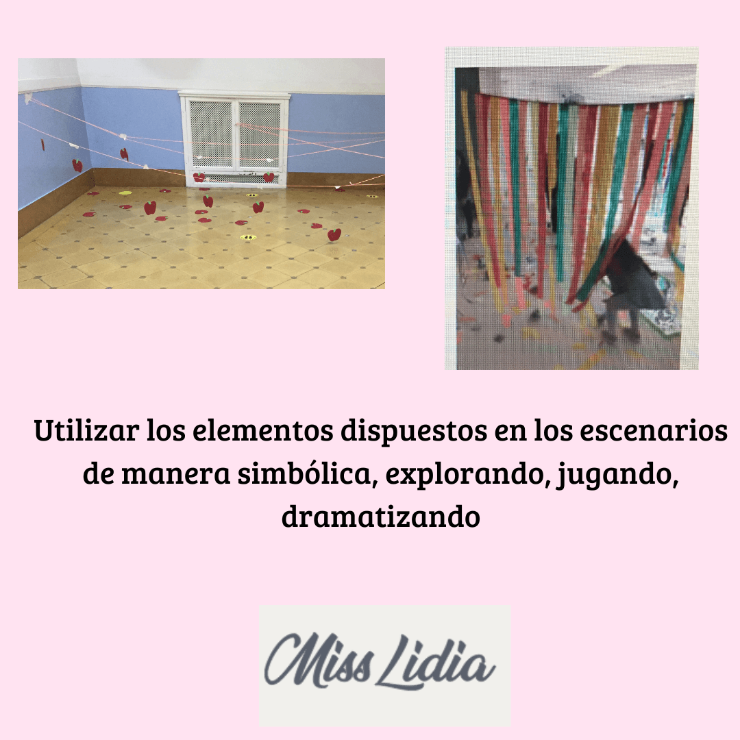 Dos fotos de un espacio interior: una sala con hilos cruzados y corazones colgando, y otra con tiras de colores largas frente a un niño agachado.