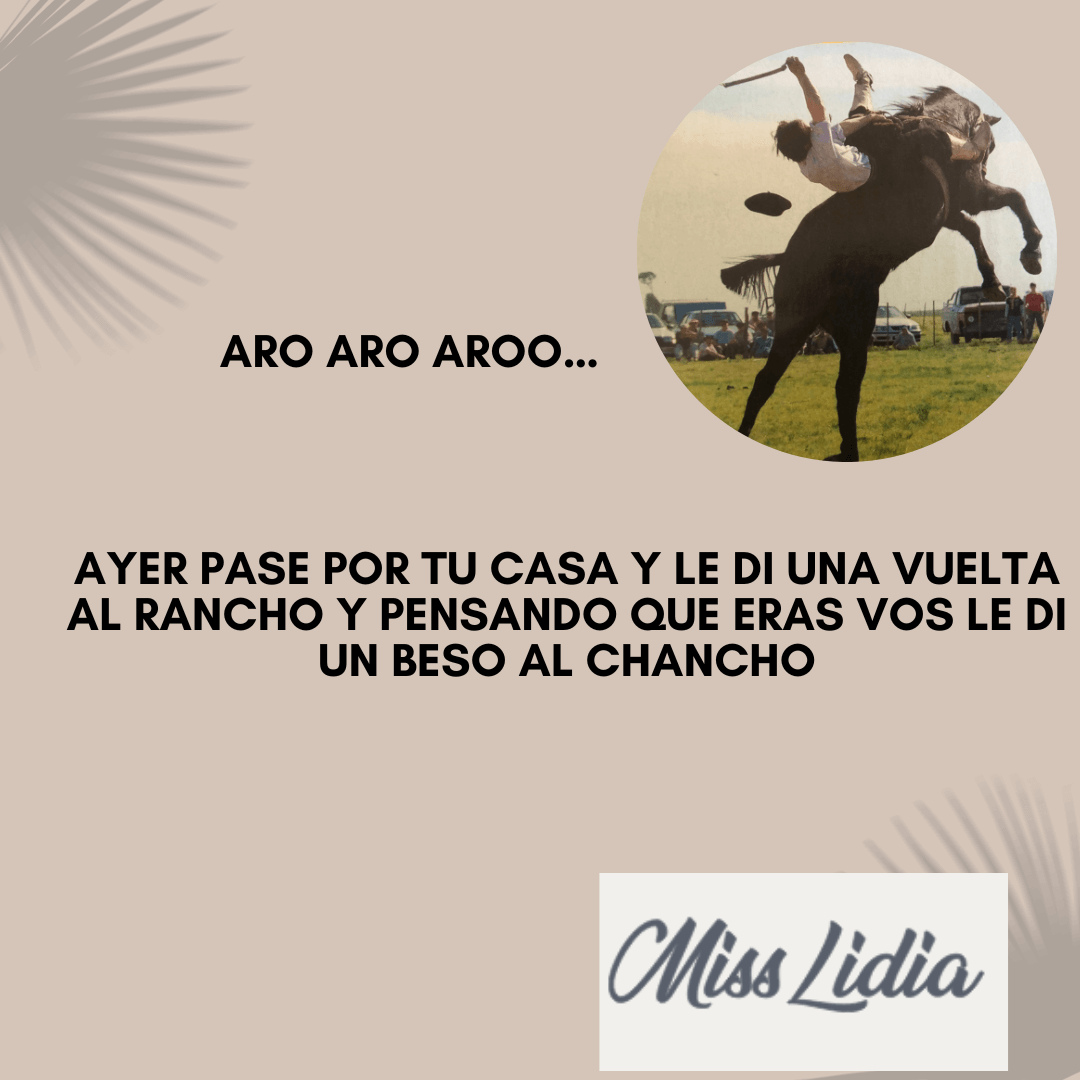 Relaciones gauchescas: la copla del rancho Placa con una fotografía de un jinete sobre un caballo encabritado y una copla humorística sobre visitar un rancho.