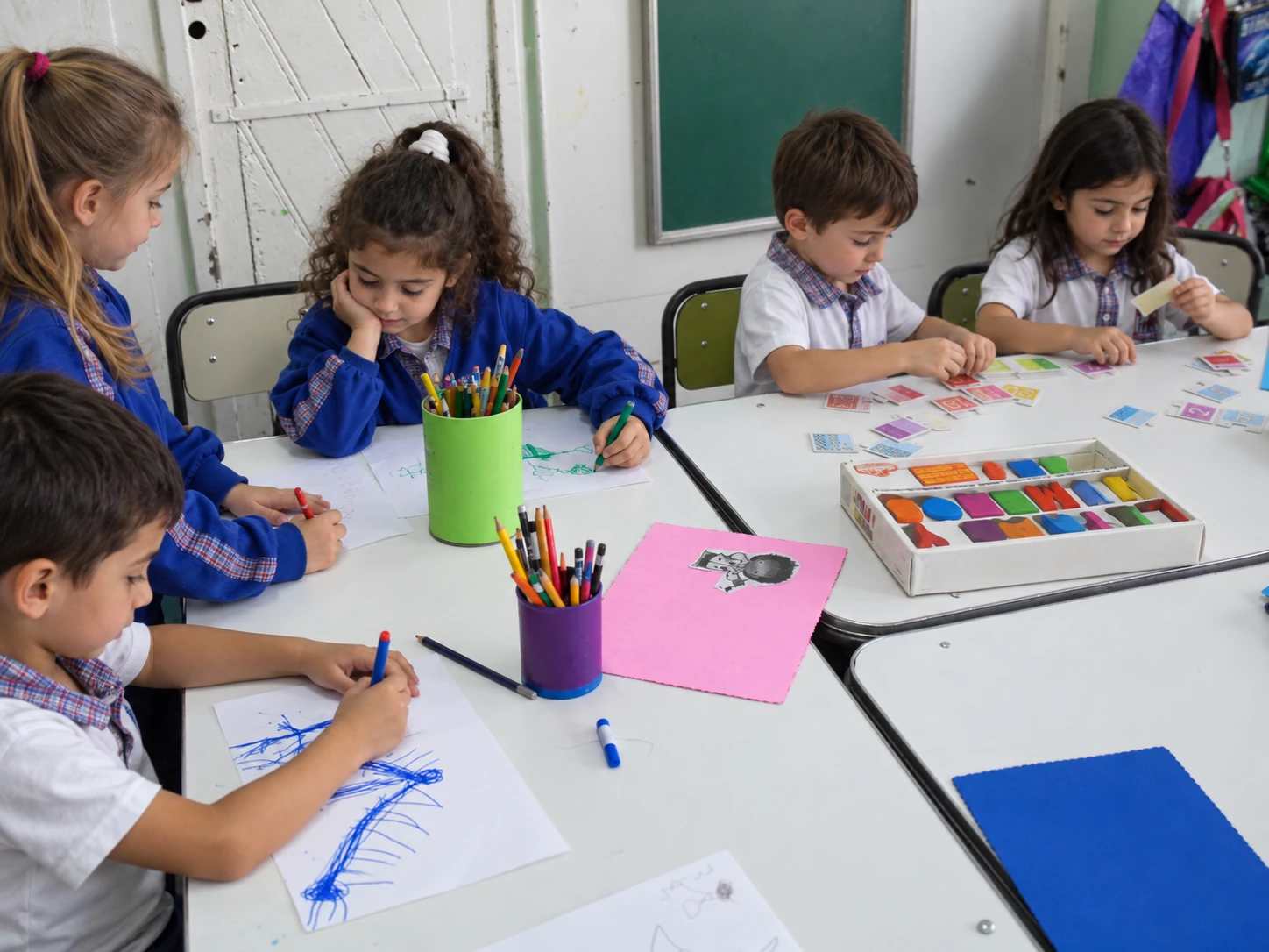 Dibujo y pintura en las mesas de la sala Recreación fotográfica de niños y niñas explorando el dibujo con marcadores y materiales de arte en una mesa del aula.