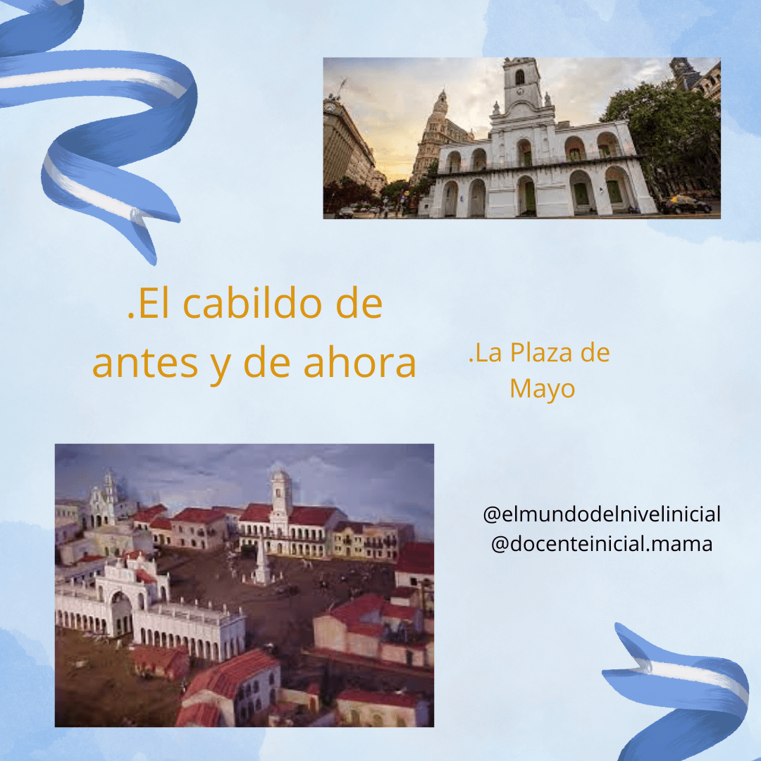 El Cabildo y la Plaza de Mayo: imágenes para comparar épocas Placa con una fotografía del frente del Cabildo y una representación histórica de la Plaza de Mayo, acompañadas por rótulos para comparar el pasado y el presente.