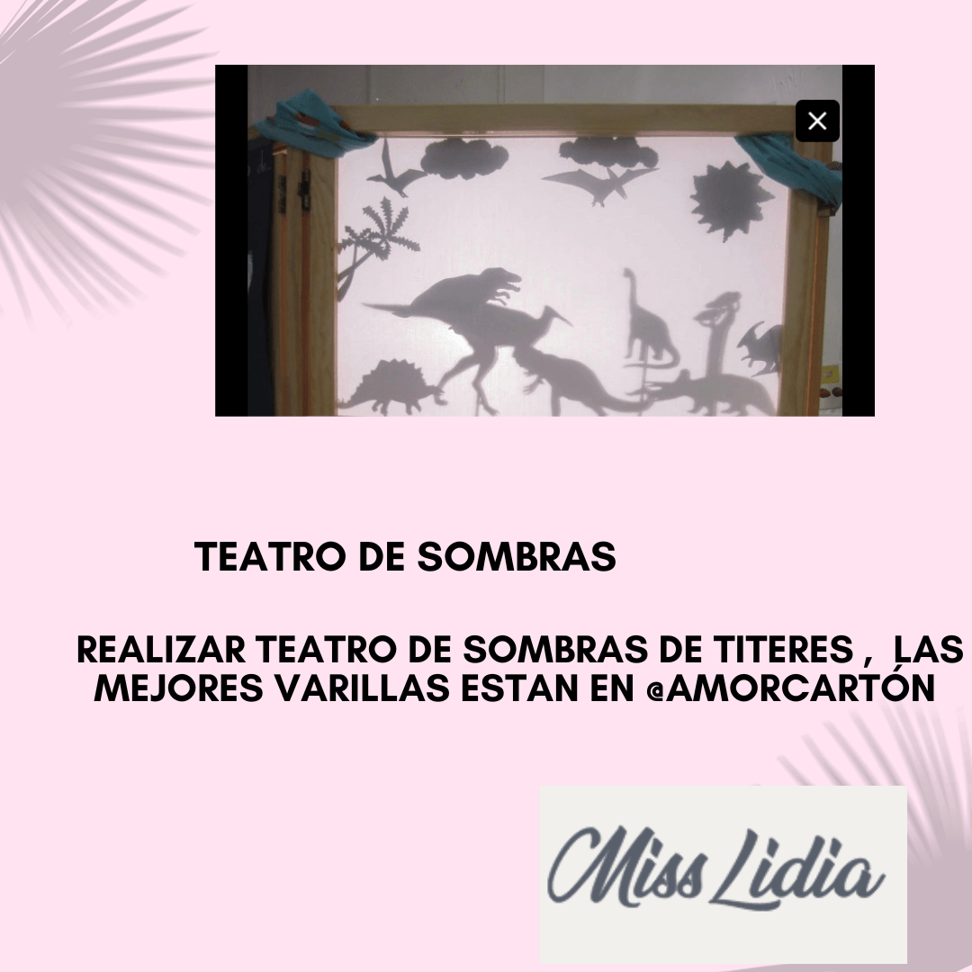 Teatro de sombras con siluetas de dinosaurios Se ve una pantalla iluminada detrás de un bastidor donde se proyectan sombras de dinosaurios, plantas y nubes. Las figuras oscuras sugieren una función de teatro de sombras.