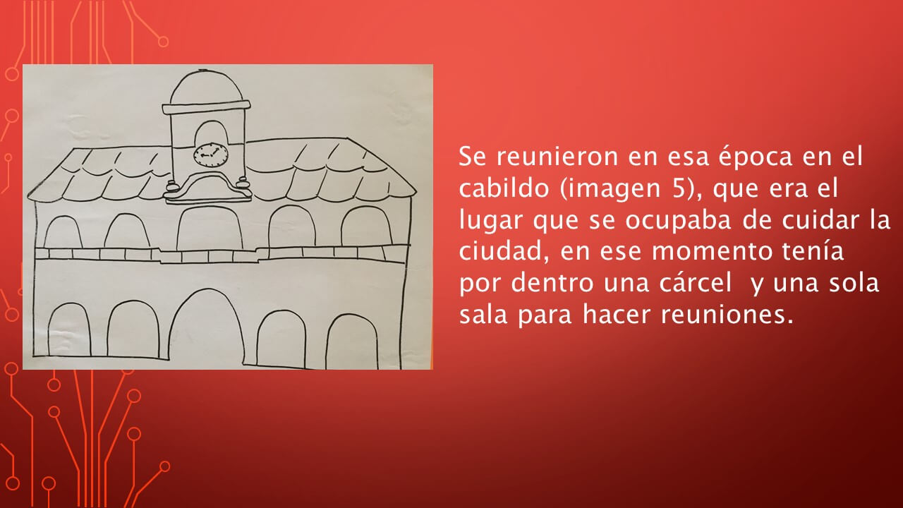 Ilustración lineal de un edificio grande con arcos y una torre con reloj, presentada junto a texto explicativo sobre fondo rojo.