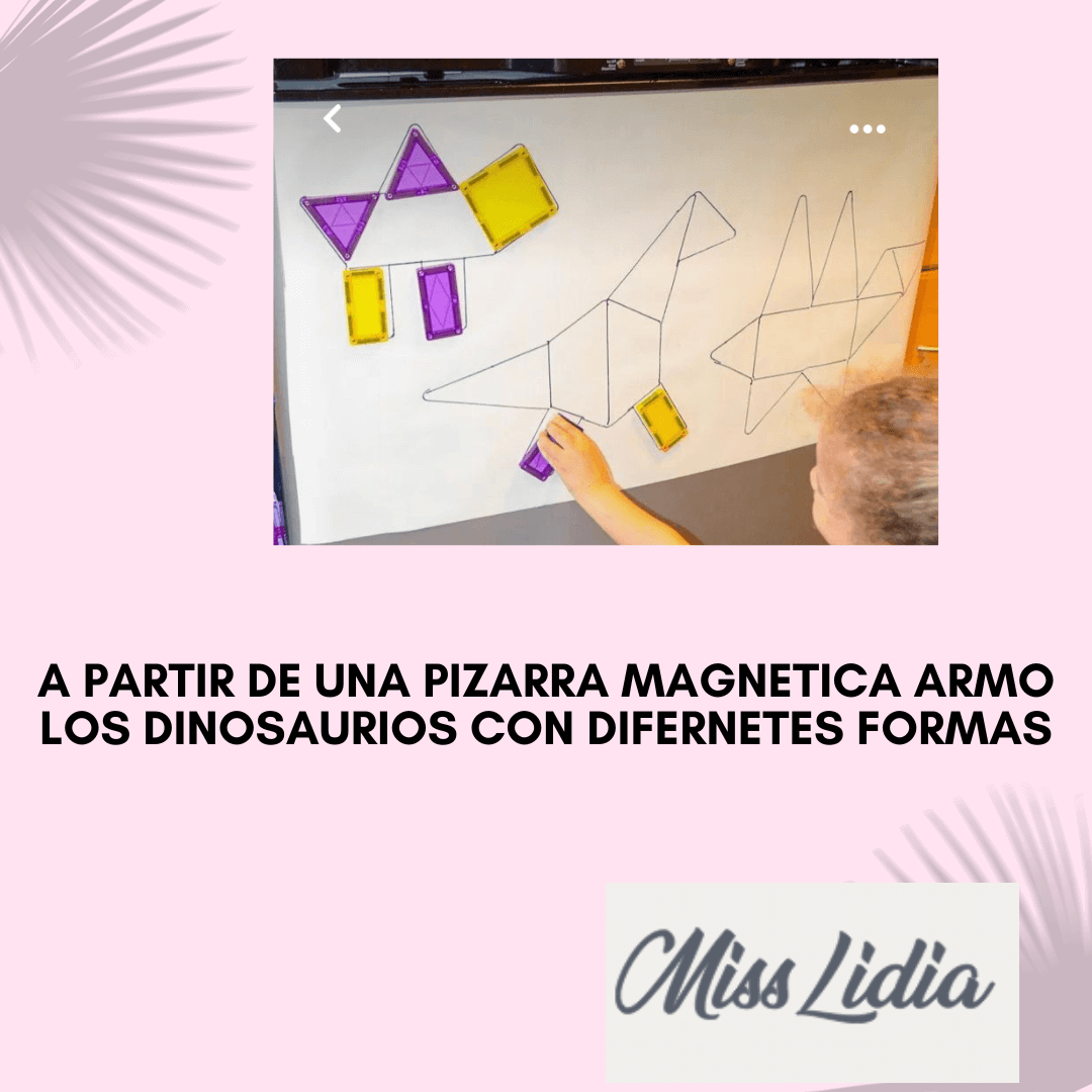 Niño arma dinosaurios con formas en una pizarra magnética Un niño coloca piezas geométricas magnéticas de colores sobre una pizarra blanca donde hay contornos de dinosaurios dibujados. Se ven triángulos, cuadrados y rectángulos formando partes del cuerpo.