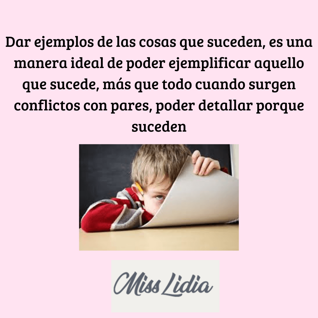 Niño asomado detrás de una hoja en un mensaje sobre explicar conflictos Fotografía de un niño apoyado sobre una mesa y mirando por detrás de una hoja doblada, mientras el texto superior habla de dar ejemplos y explicar por qué suceden las cosas.