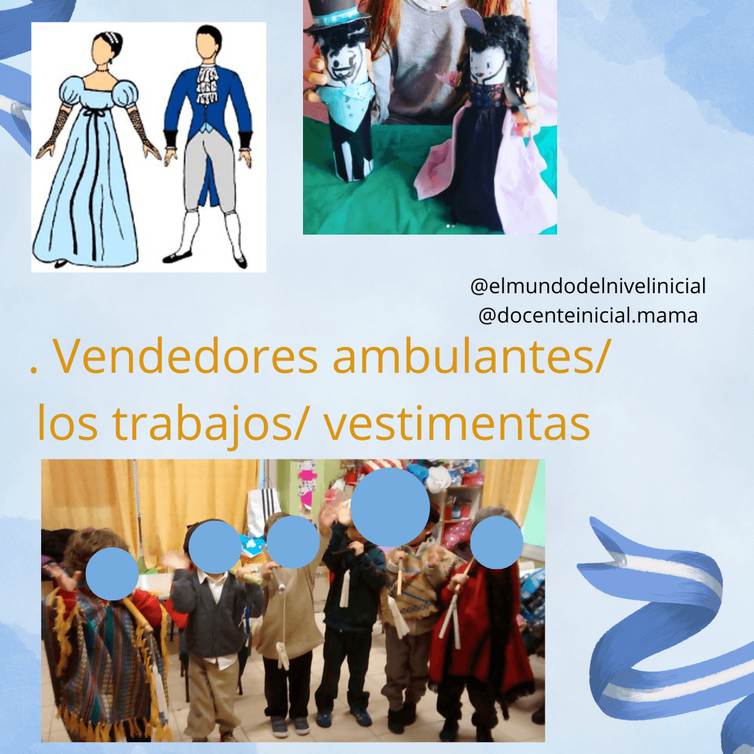Indumentaria colonial y muñecos vestidos Dibujos de un vestido largo y traje colonial junto a muñecos hechos a mano con ropa de época y una foto de niños disfrazados.