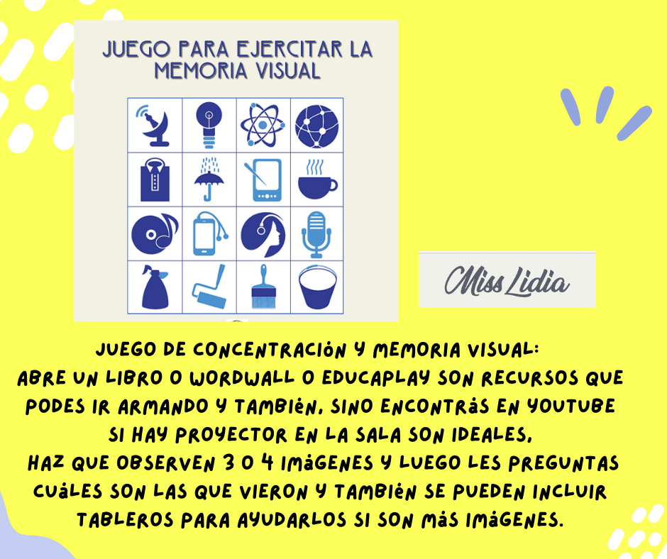 Juego de memoria visual para sala de 5 Afiche con una cuadrícula de íconos azules y un texto que propone observar imágenes, recordarlas y responder cuáles vieron, como juego de memoria visual.