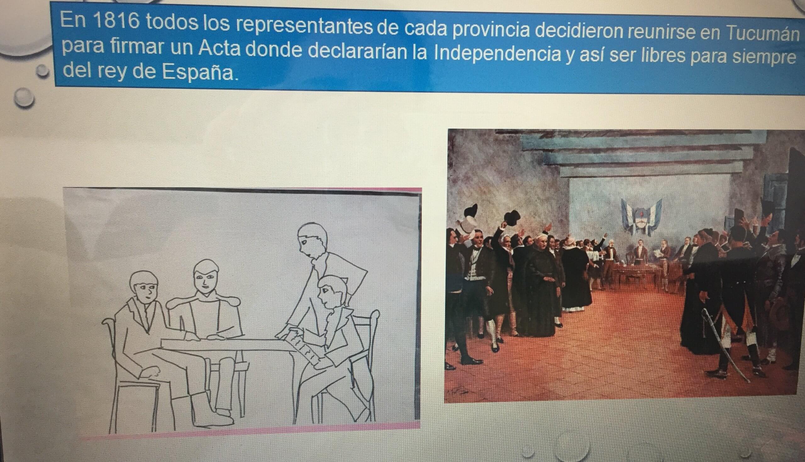 Dos imágenes muestran una reunión de hombres sentados alrededor de una mesa y, a la derecha, una pintura de varias personas dentro de una sala amplia, con algunas levantando los sombreros.