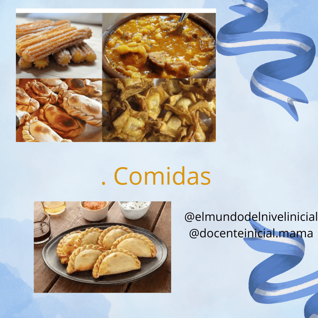 Platos y comidas típicas en collage Collage de distintos alimentos y empanadas servidas en un plato, con el rótulo "Comidas" y cuentas de redes sociales al costado.