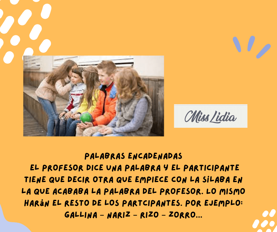 Palabras encadenadas en sala de 4 Ficha con una foto de niños sentados en ronda y un texto que propone un juego de palabras encadenadas, con un ejemplo al final.