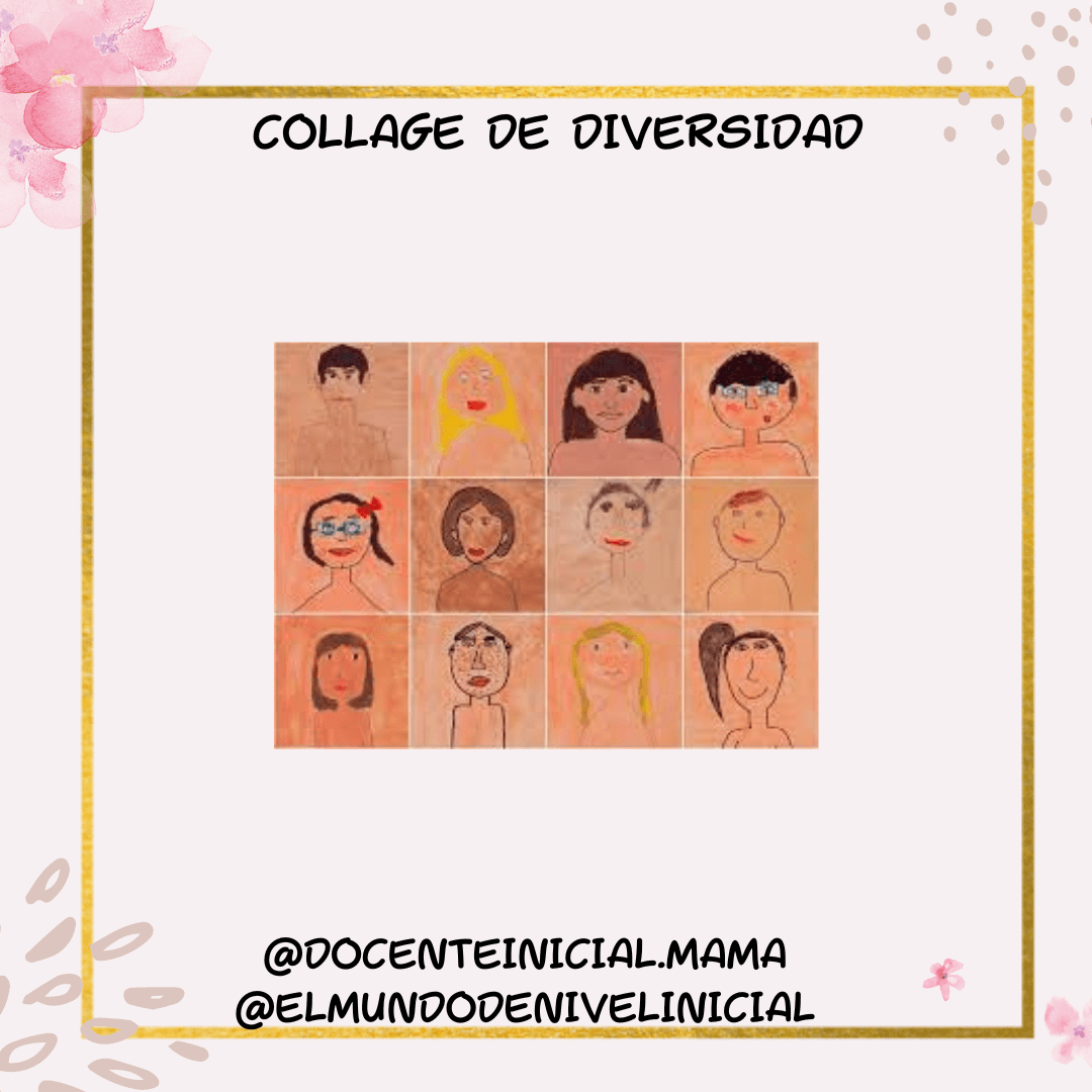Collage escolar de dibujos de rostros diversos Composición de doce dibujos infantiles de rostros y bustos, con distintos peinados, rasgos y colores de piel, organizados en una cuadrícula sobre fondo claro.
