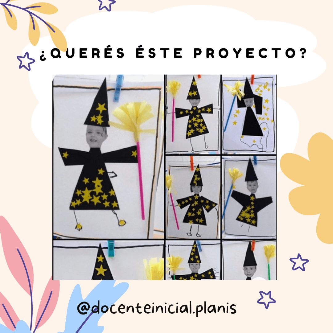 Recortes de estudiantes disfrazados de brujas con estrellas Se ve un conjunto de trabajos escolares enmarcados, con siluetas negras de brujas decoradas con estrellas amarillas y pequeños rostros recortados en el centro.