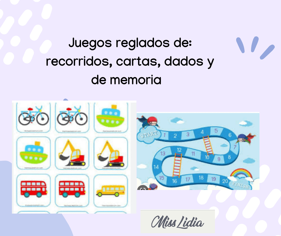 Juegos de recorridos, cartas y memoria Collage con el texto “Juegos reglados” y ejemplos visuales de cartas con dibujos, además de un tablero de recorrido numerado con escaleras.