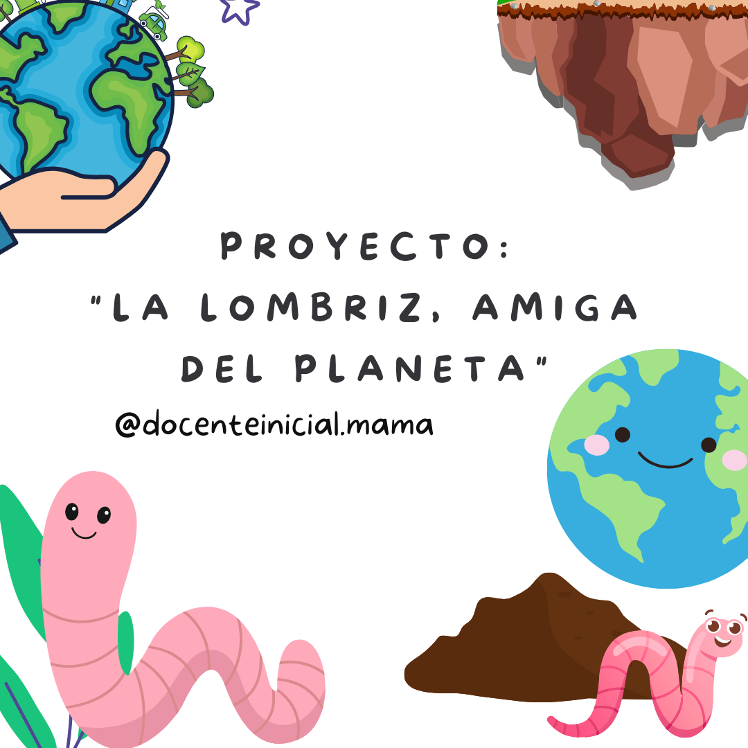 Portada con el texto del proyecto y dibujos de lombrices rosadas, un montículo de tierra y un planeta sonriente sobre fondo blanco.