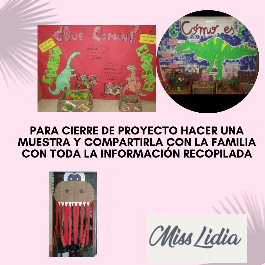 Mural sobre alimentación y partes del cuerpo de dinosaurios Dos paneles muestran dibujos de dinosaurios, etiquetas con partes del cuerpo y pequeñas cajas o materiales en la base. La escena parece parte de una muestra escolar.