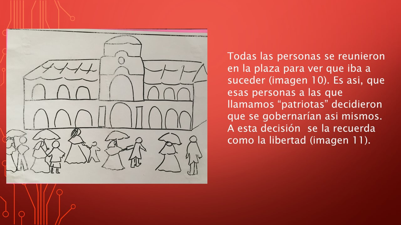 Dibujo de una fachada con arcos y varias personas caminando delante, algunas con sombrillas, acompañado de texto sobre fondo rojo.