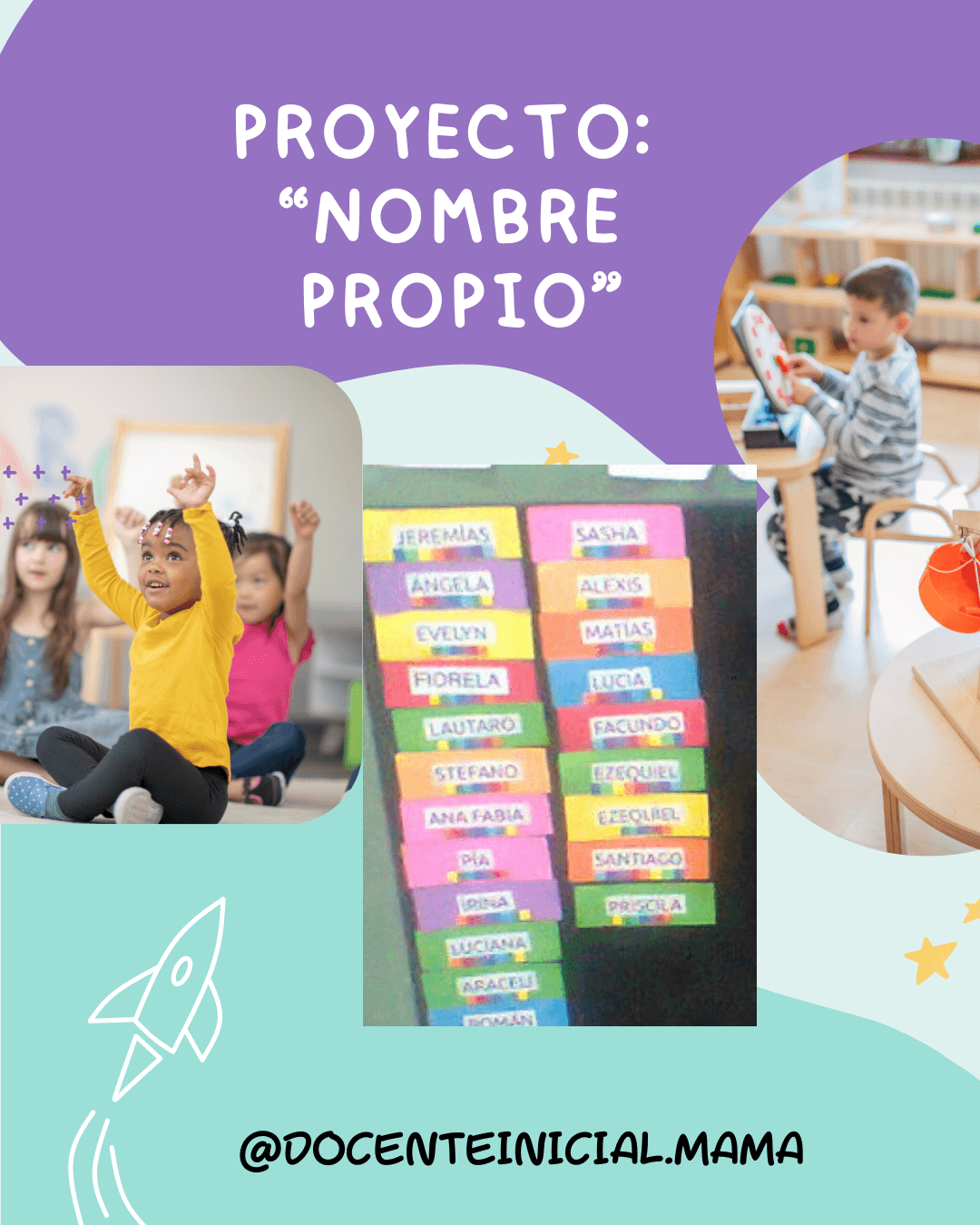 Collage de actividades del proyecto Nombre propio Collage con el título Proyecto: Nombre propio, fotos de niños haciendo actividades en clase y un panel con tarjetas de nombres de personas en colores.