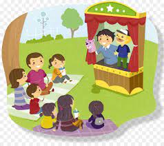 Ilustración de función de títeres al aire libre Ilustración de niños sentados frente a un pequeño escenario de títeres en un parque o patio, con árboles y césped alrededor.