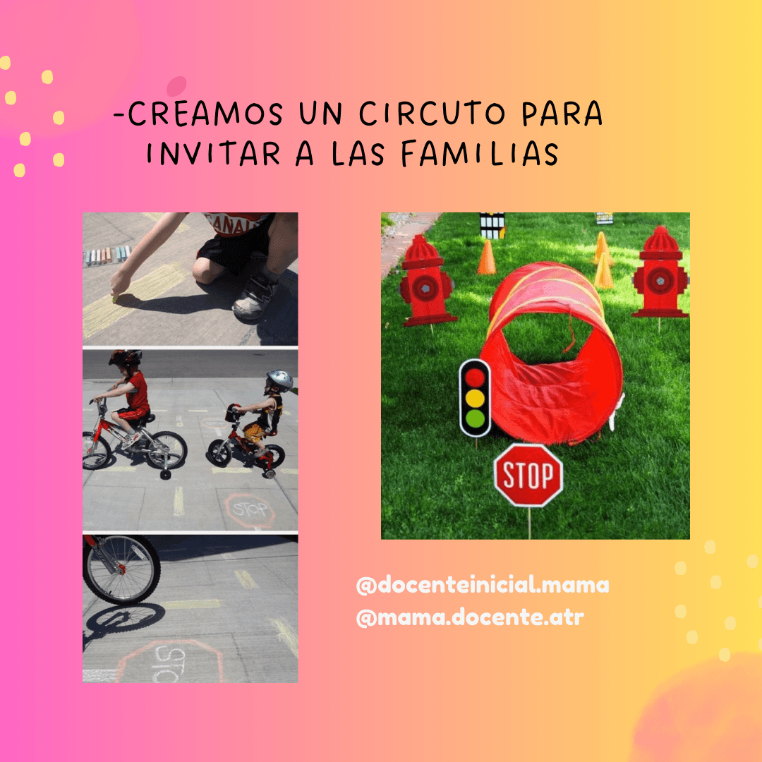 Circuito de educación vial para familias con bicicletas y señales Montaje con fotos de un circuito vial al aire libre: niños en bicicletas, marcas en el suelo, un túnel rojo, conos, semáforos y señales como stop.