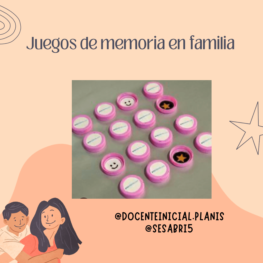 Juego de memoria en familia con tapas rosadas Afiche con el título “Juegos de memoria en familia” y una foto de tapas rosadas dispuestas sobre una superficie, algunas con símbolos visibles. Debajo aparecen las cuentas @docenteinicial.planis y @sesabri5.