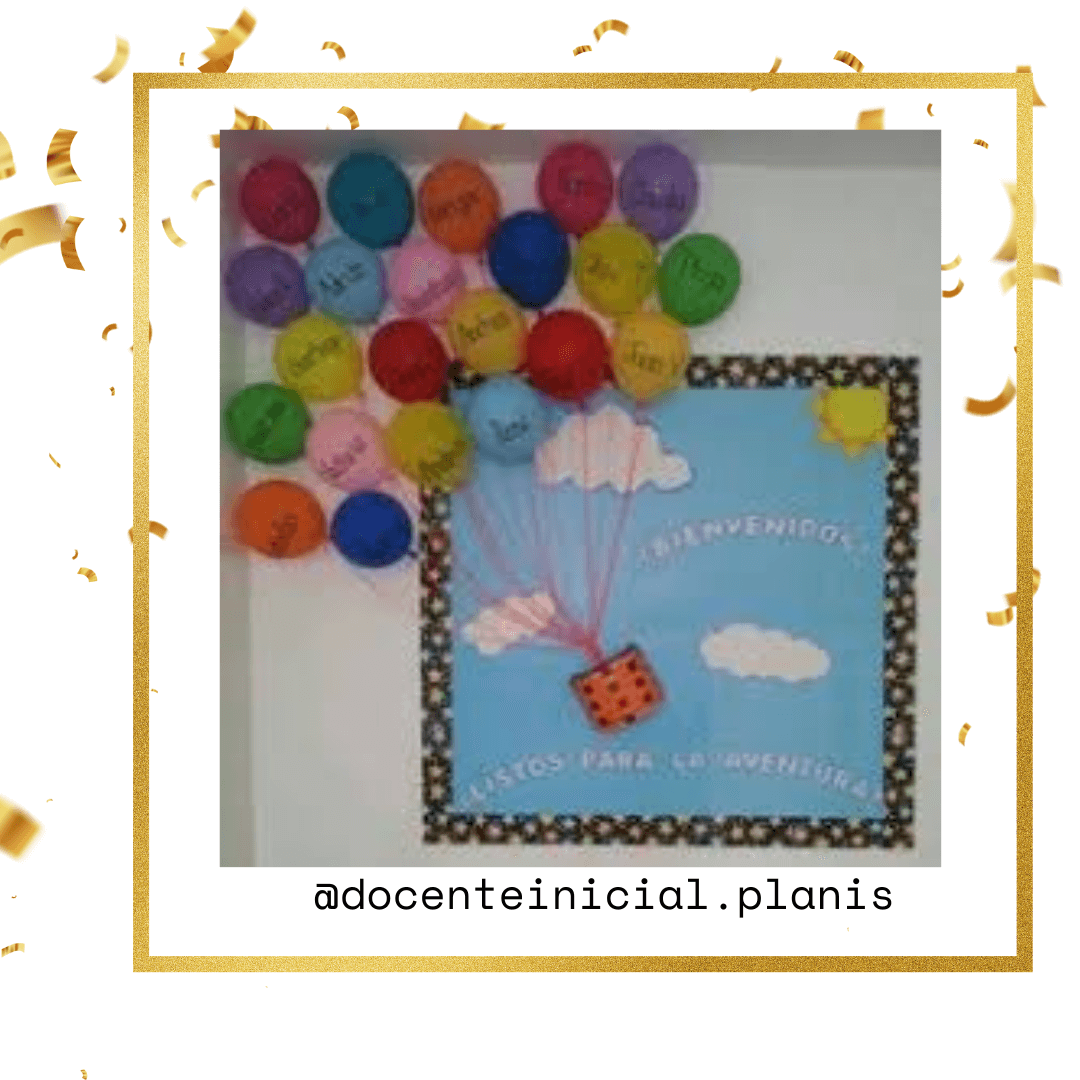 Una aventura por comenzar: cartel de egreso Cartel azul decorado con nubes y un globo aerostático, rodeado por muchos globos de papel de colores pegados en la parte superior izquierda.