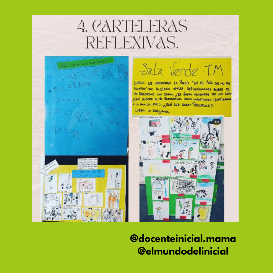Carteleras reflexivas con dibujos infantiles Fotografía de dos carteleras escolares con hojas de colores, textos manuscritos y muchos dibujos pequeños hechos por niños, organizados en paneles verticales.