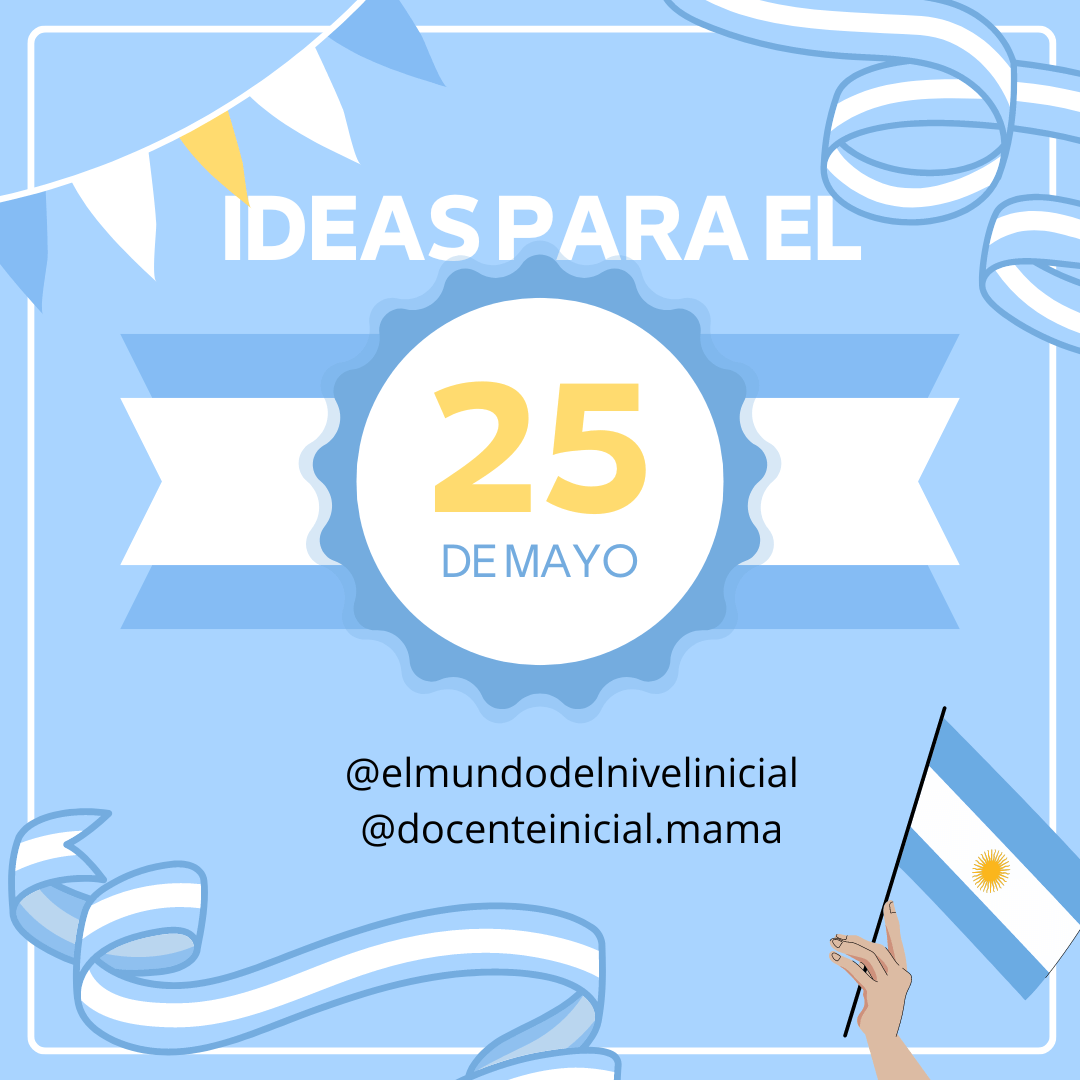 Afiche con ideas para el 25 de mayo Diseño celeste con cintas, el texto "Ideas para el 25 de mayo", un círculo central con el número 25 y una mano sosteniendo una bandera argentina.