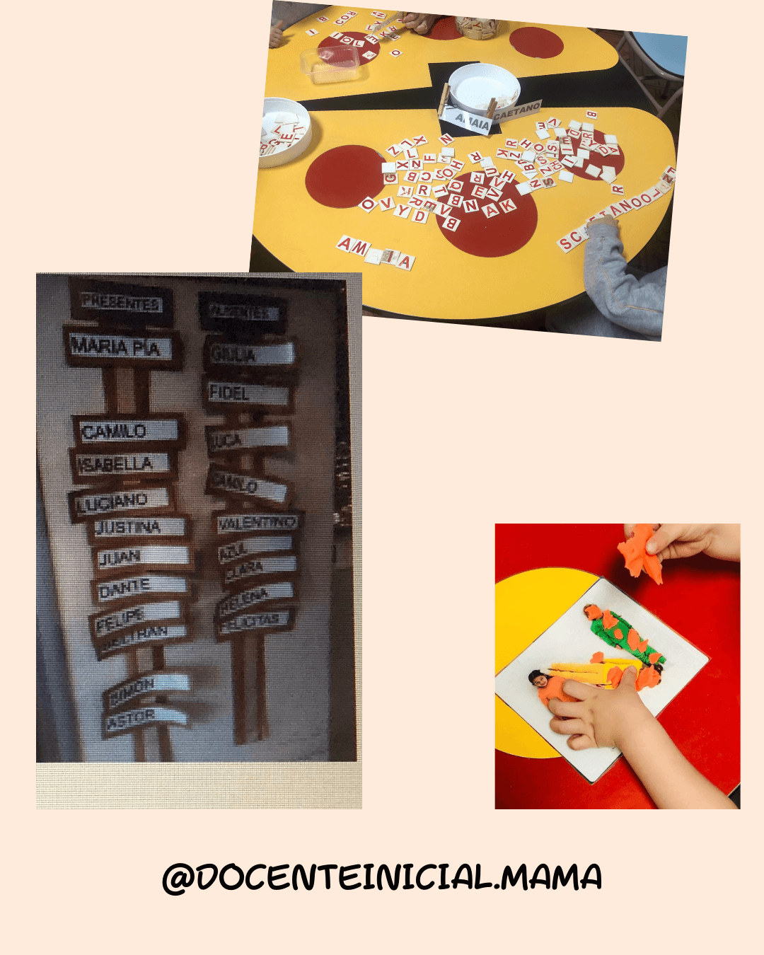 Mesa con letras sueltas y mural de nombres en el aula Collage con una mesa amarilla llena de letras recortadas, un mural con nombres colgados en dos columnas y una actividad manual con figuras de colores sobre una tarjeta.