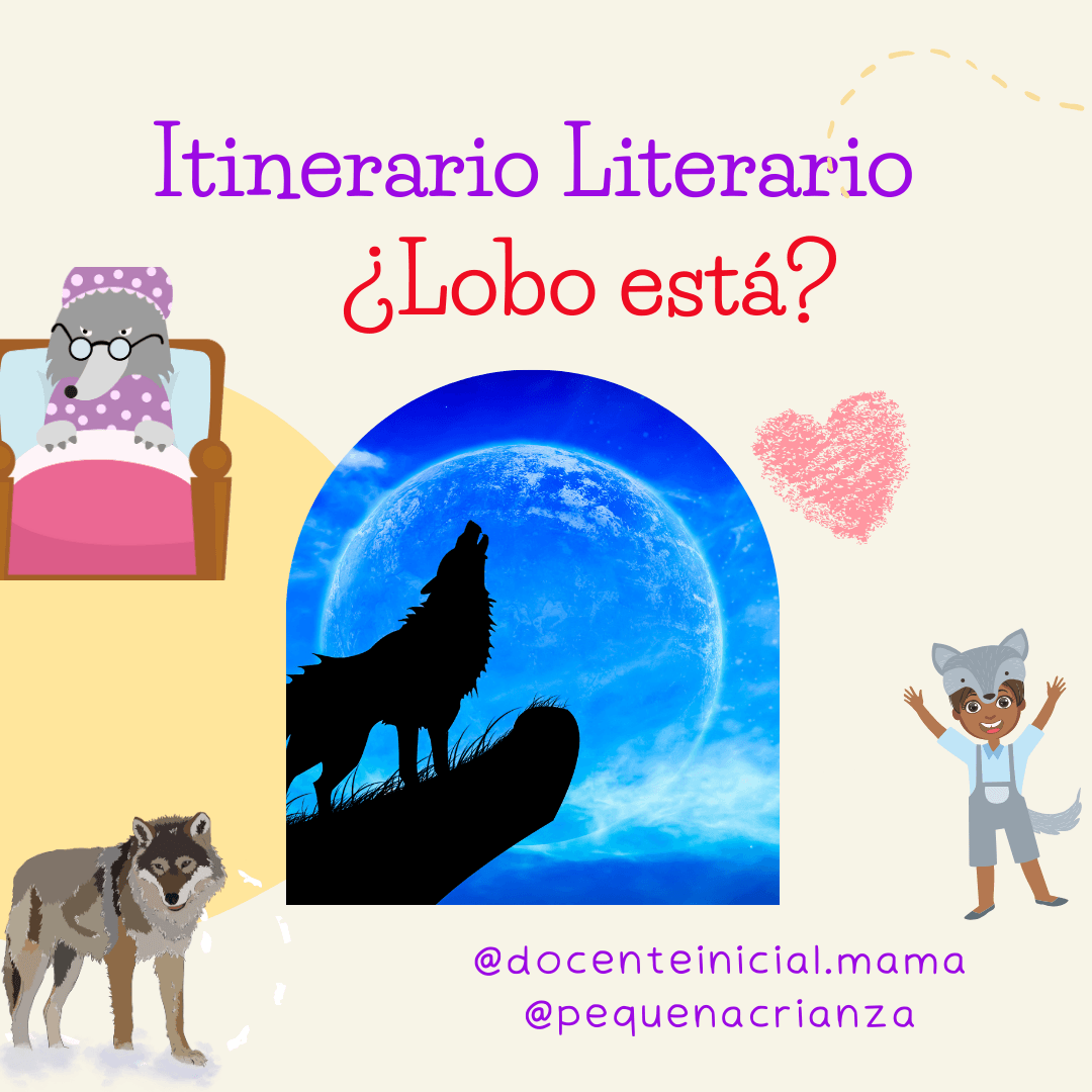 ¿Lobo está?: propuesta de itinerario literario Placa de Docente Inicial Mamá y Pequeña Crianza sobre un itinerario de lobos, con una silueta frente a la luna y personajes de cuentos alrededor.