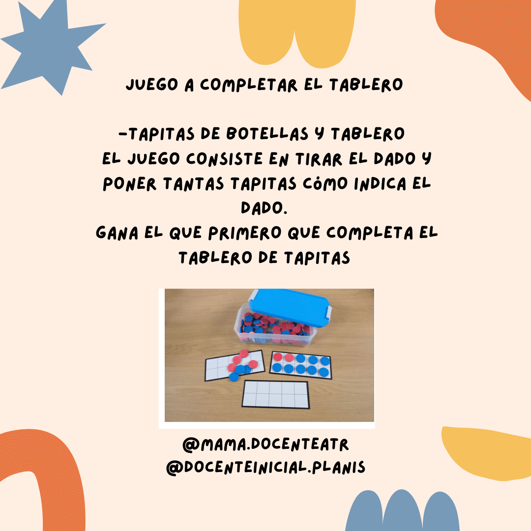 Juego para completar un tablero con tapitas Placa con instrucciones de un juego de tablero y tapitas de botella; abajo hay una foto pequeña de una caja con tapitas y tableros cuadriculados sobre una mesa.