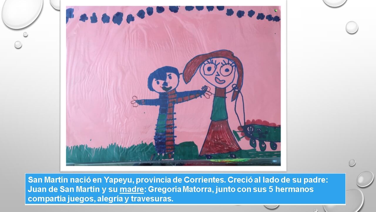 Dibujo del aula sobre la infancia y la familia de San Martín, acompañado por un fragmento del relato.
