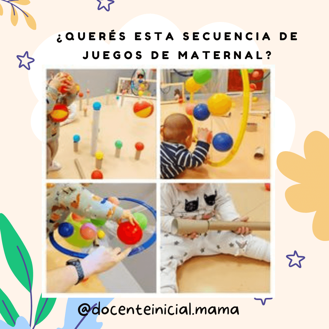 Montaje con cuatro escenas de niños manipulando aros, tubos y pelotas de colores en una sala de actividades, con manos adultas guiando algunos juegos.