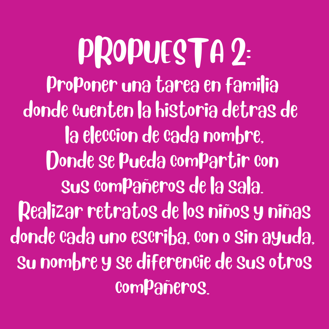 Placa con propuesta 2 para trabajar identidad y nombres Placa fucsia con texto blanco que propone una tarea en familia sobre la historia de cada nombre y la realización de retratos de niñas y niños con su nombre escrito.