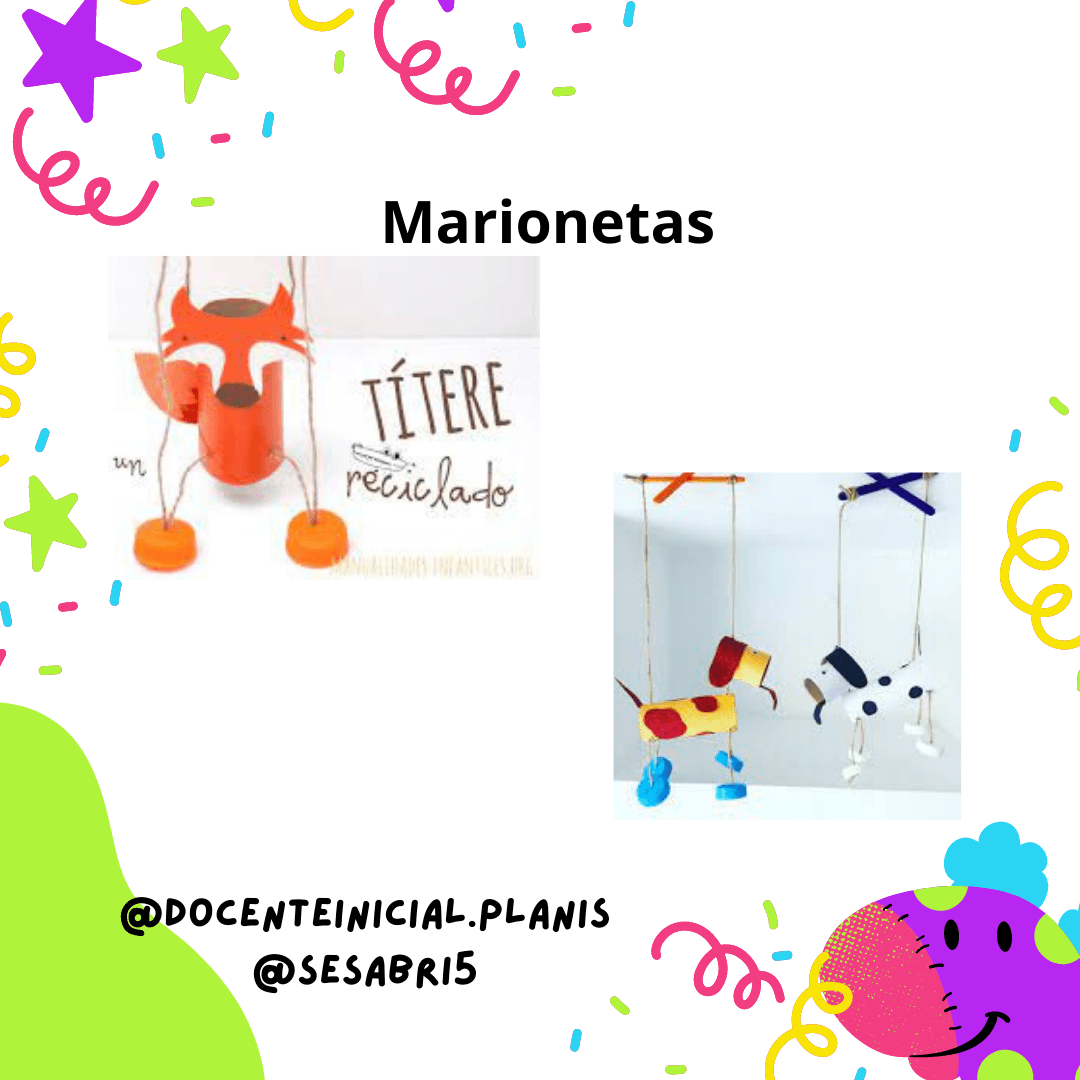 Placa sobre marionetas con ejemplos reciclados Placa titulada "Marionetas" con dos fotos de títeres colgantes hechos con materiales reciclados, uno con forma de zorro y otro con forma de perro.